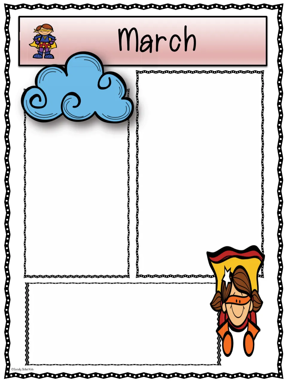 March superhero newsletter: spaces for spring announcements under a blue cloud, with a masked girl hero in a yellow cape