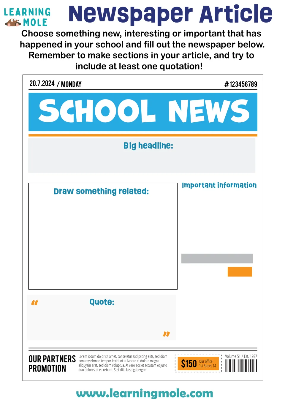 School News template: students report a school event with a big headline, key information, a drawing and a quotation