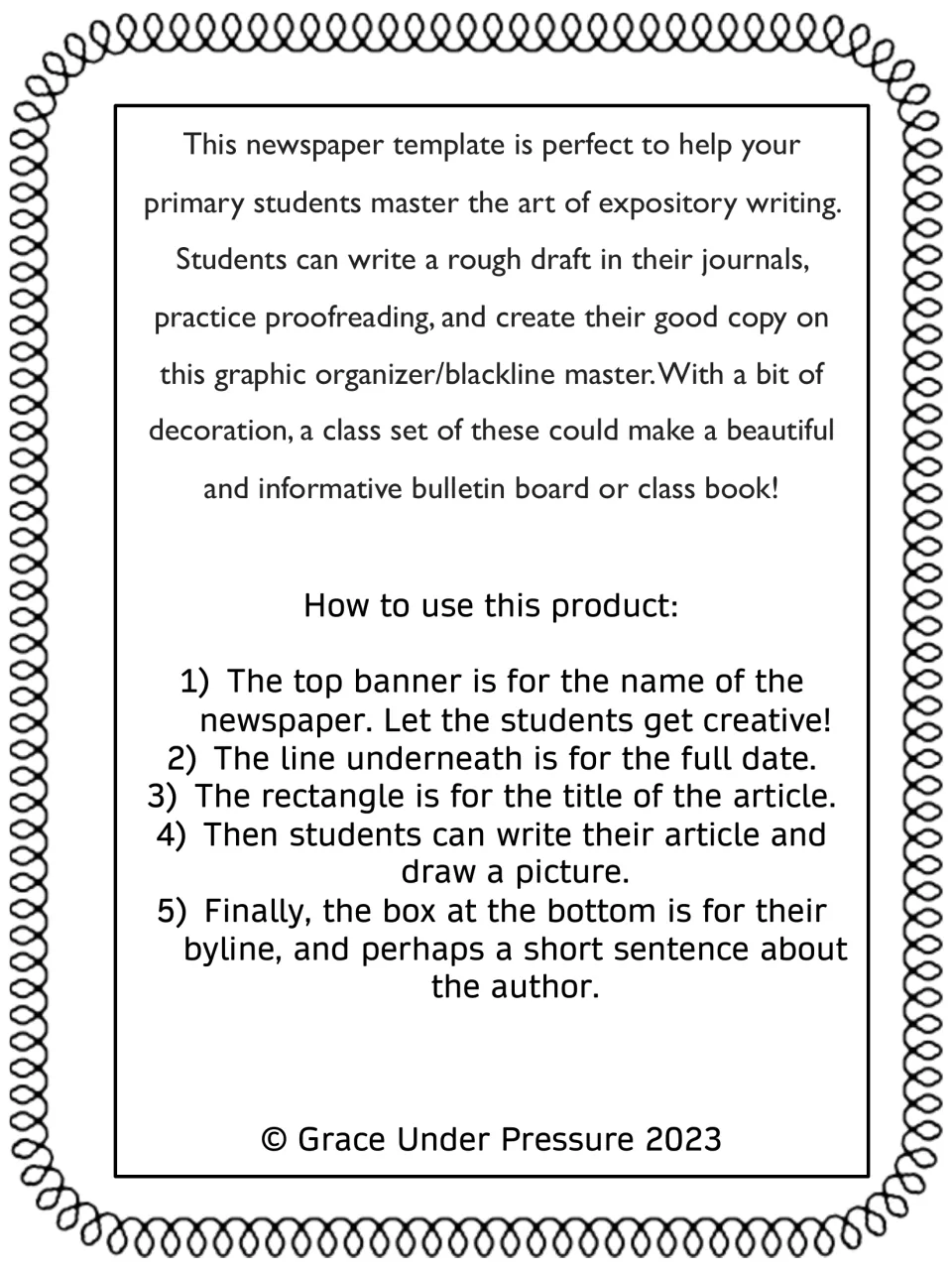Teacher directions for expository newspaper writing: draft, proofread, then add name, date, headline, article and byline
