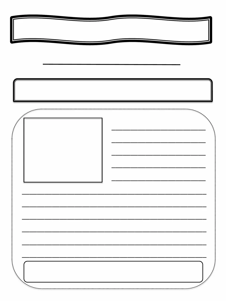 Newspaper article template: students add a paper name, date and headline, draw a picture, write the story and a byline