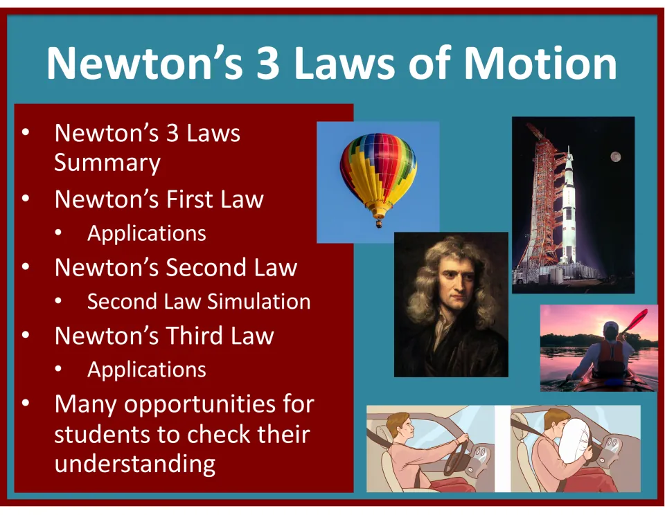 Cover slide listing the summary, each of Newton's three laws with applications, a simulation and understanding checks