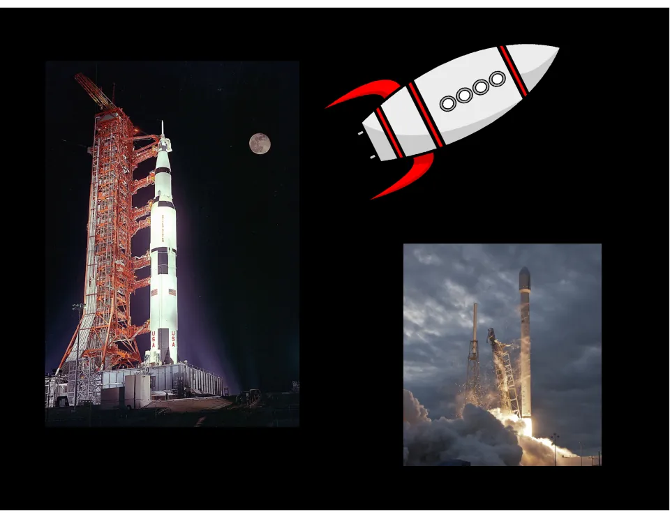 Three rocket pictures: one beside its launch tower under a night moon, a red and white cartoon, and a liftoff in smoke