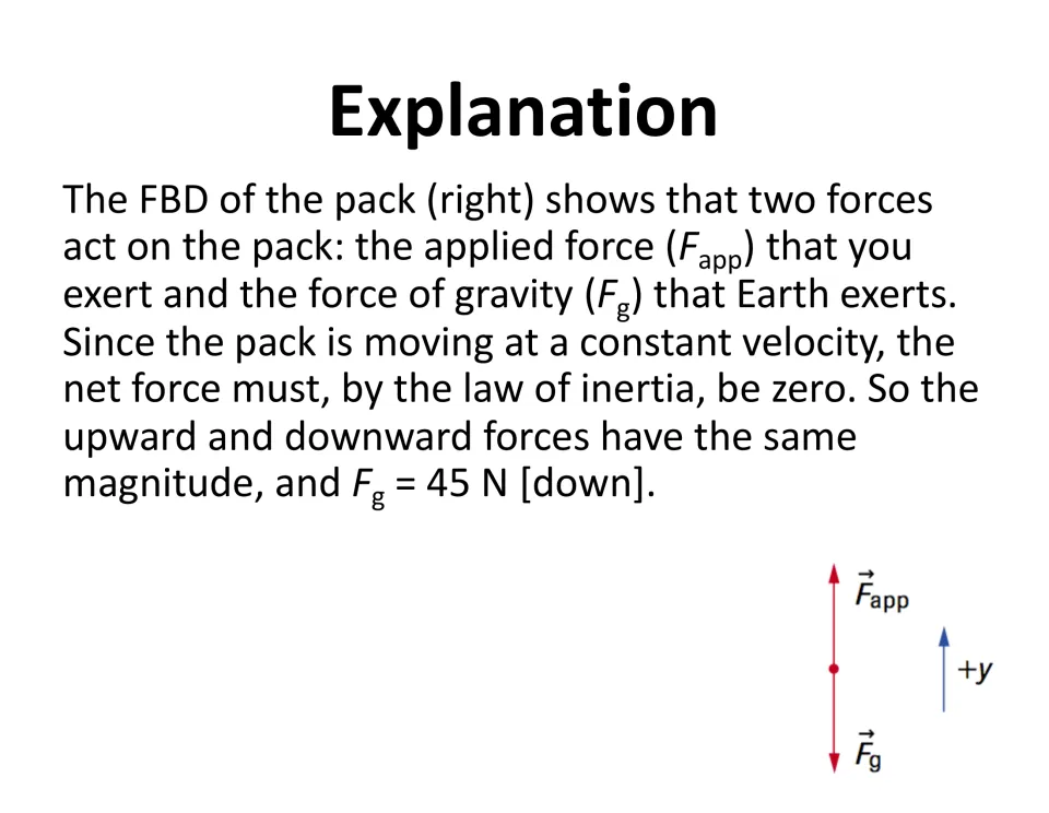Worked explanation: free-body diagram of the backpack with applied force and gravity balanced, so Fg = 45 N [down]