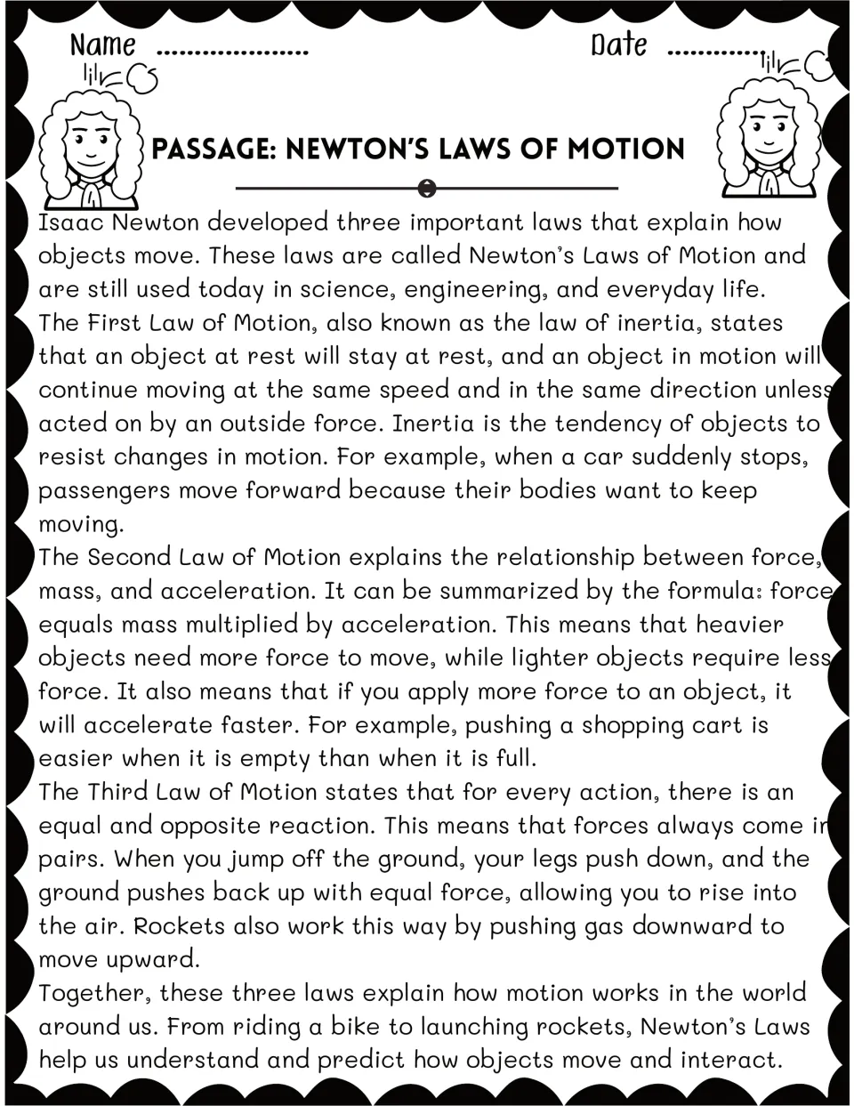 Reading passage on Newton's three laws: inertia, force equals mass times acceleration, and action-reaction, with examples
