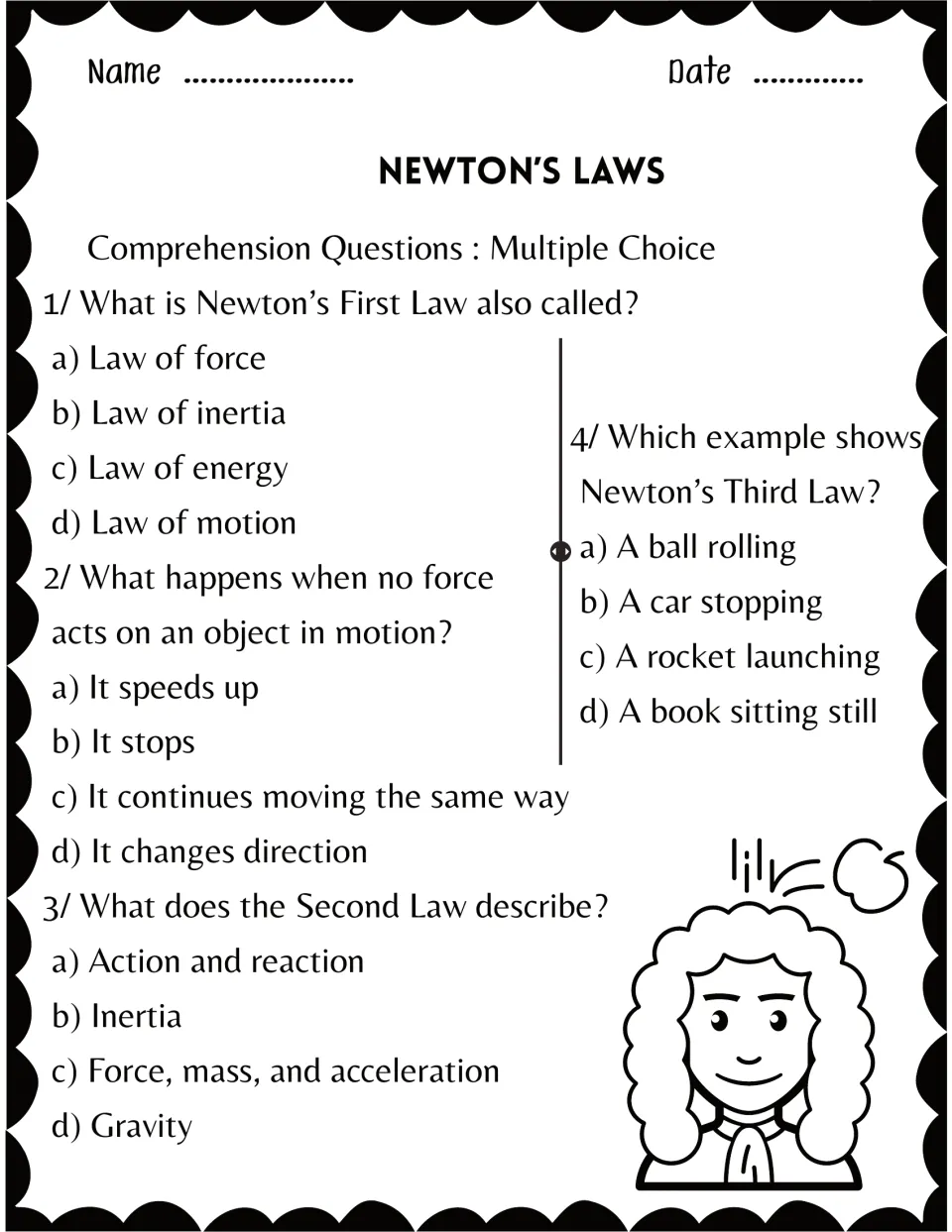 Newton's laws comprehension check: students answer 4 multiple-choice questions on inertia, the Second Law and the Third Law