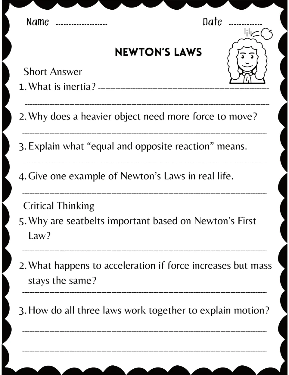 Newton's laws short answer and critical thinking: students explain inertia, action-reaction and why seatbelts matter