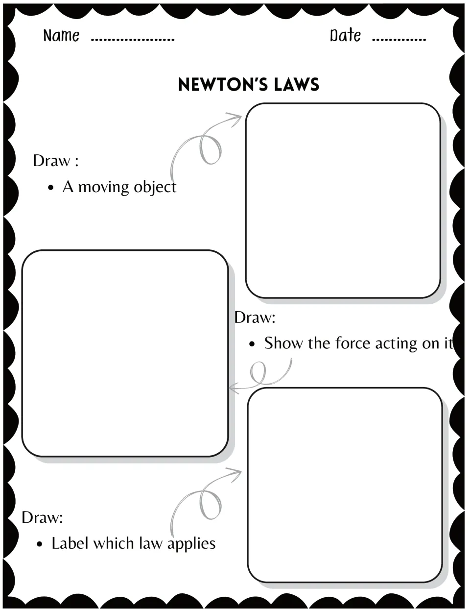 Drawing motion: students sketch a moving object, show the force acting on it, and label which of Newton's laws applies
