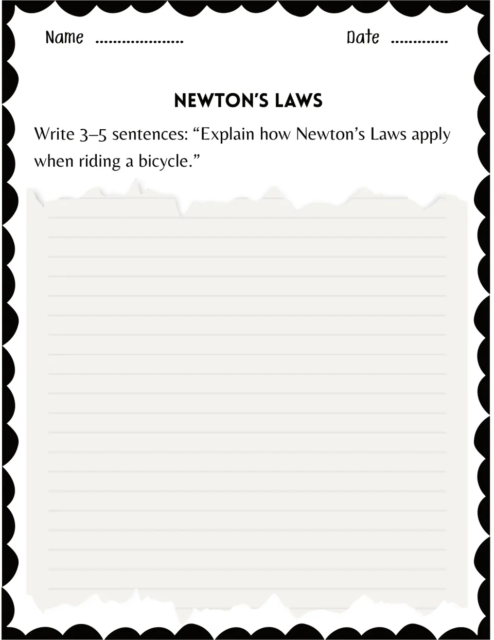 Newton's laws writing prompt: students write 3 to 5 sentences explaining how the laws apply when riding a bicycle