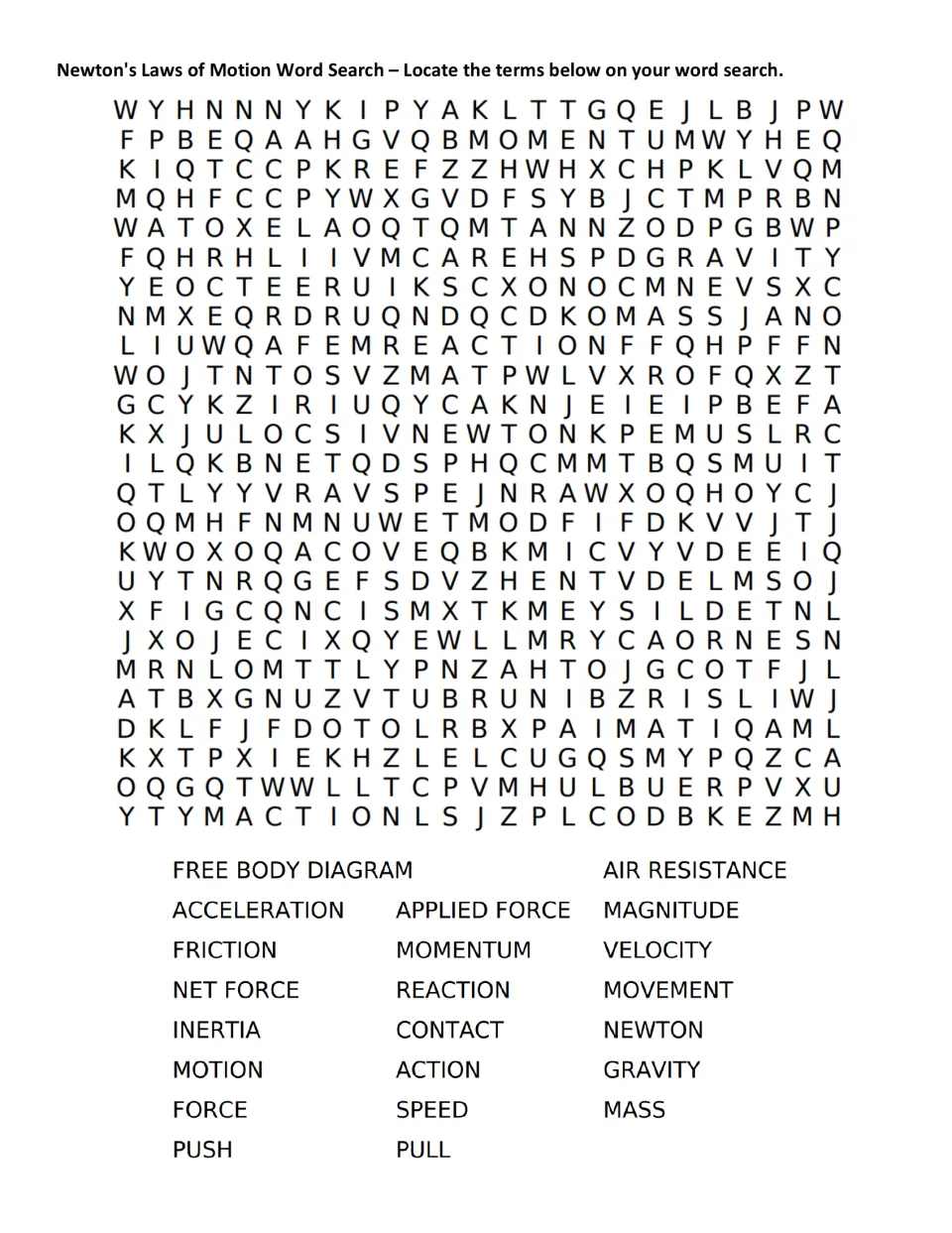 Motion vocabulary word search covering 22 terms, including acceleration, inertia, net force, and momentum.