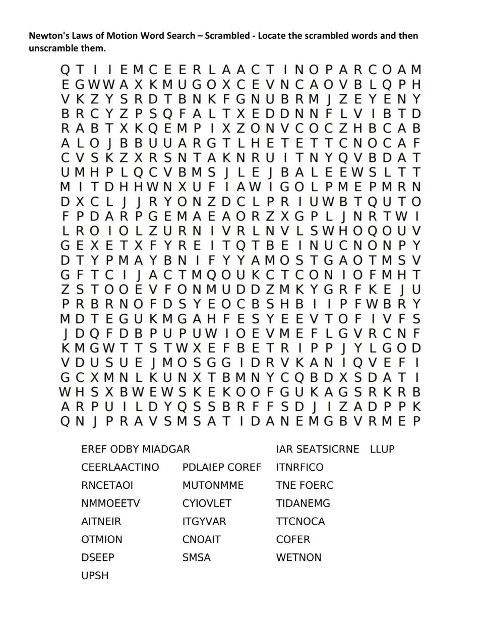 Scrambled motion vocabulary word search: locate mixed-up terms such as WETNON and OTMION, then unscramble.