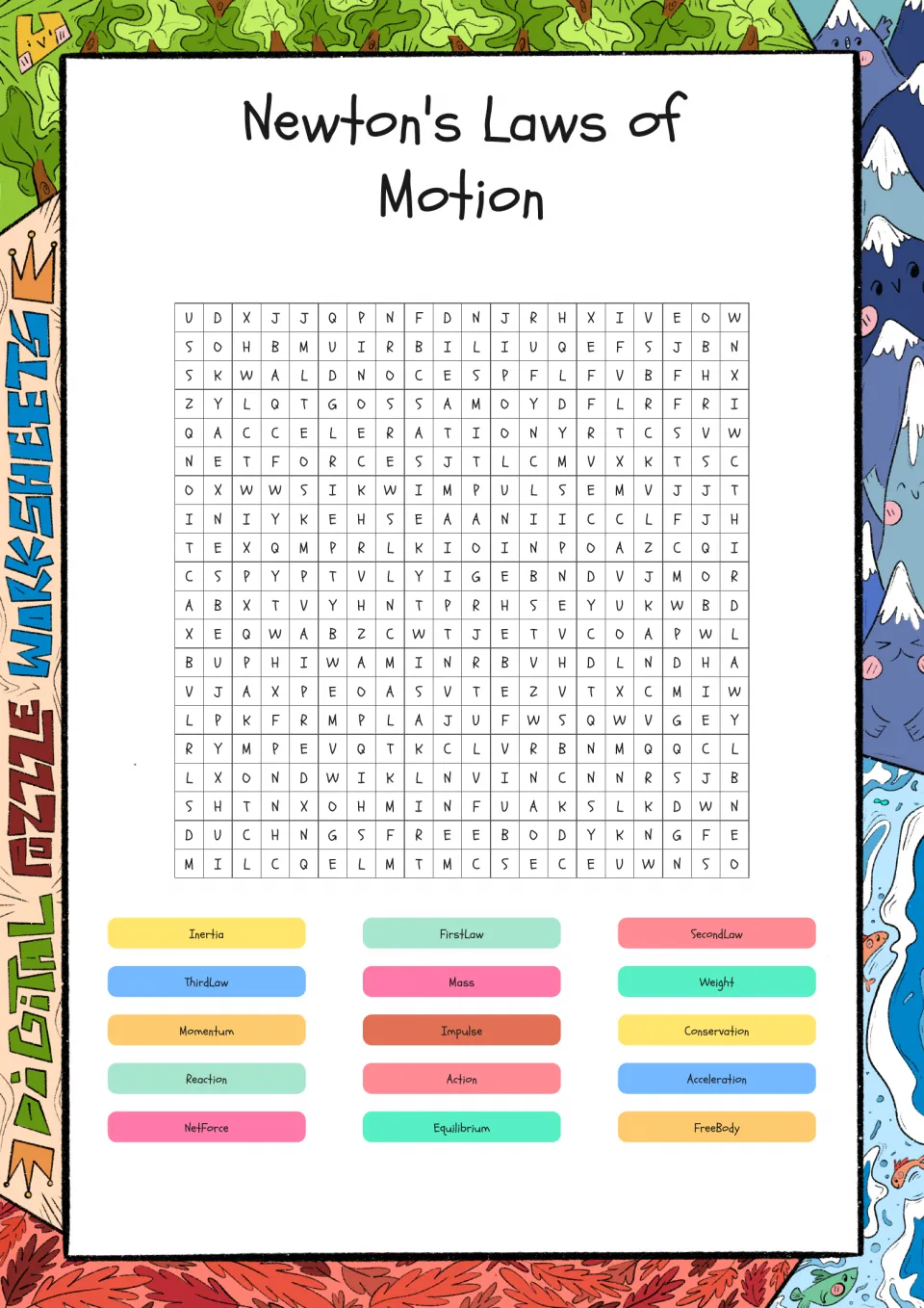 Newton's laws of motion word search: students find 15 physics terms such as inertia, mass, momentum, impulse and net force