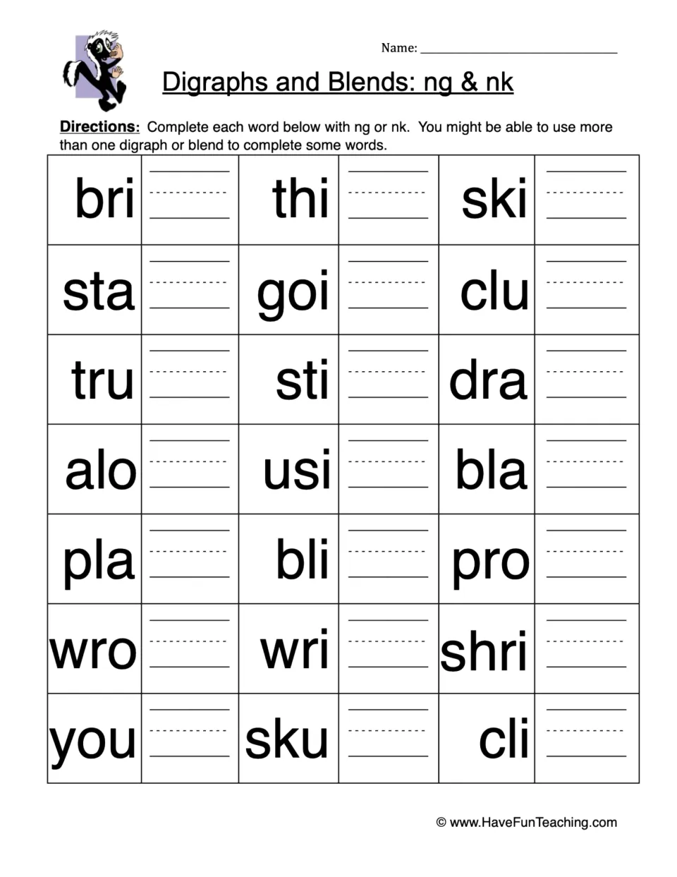 Digraphs and blends ng and nk: students complete 21 word starts like bri, thi, sta and clu by writing ng or nk
