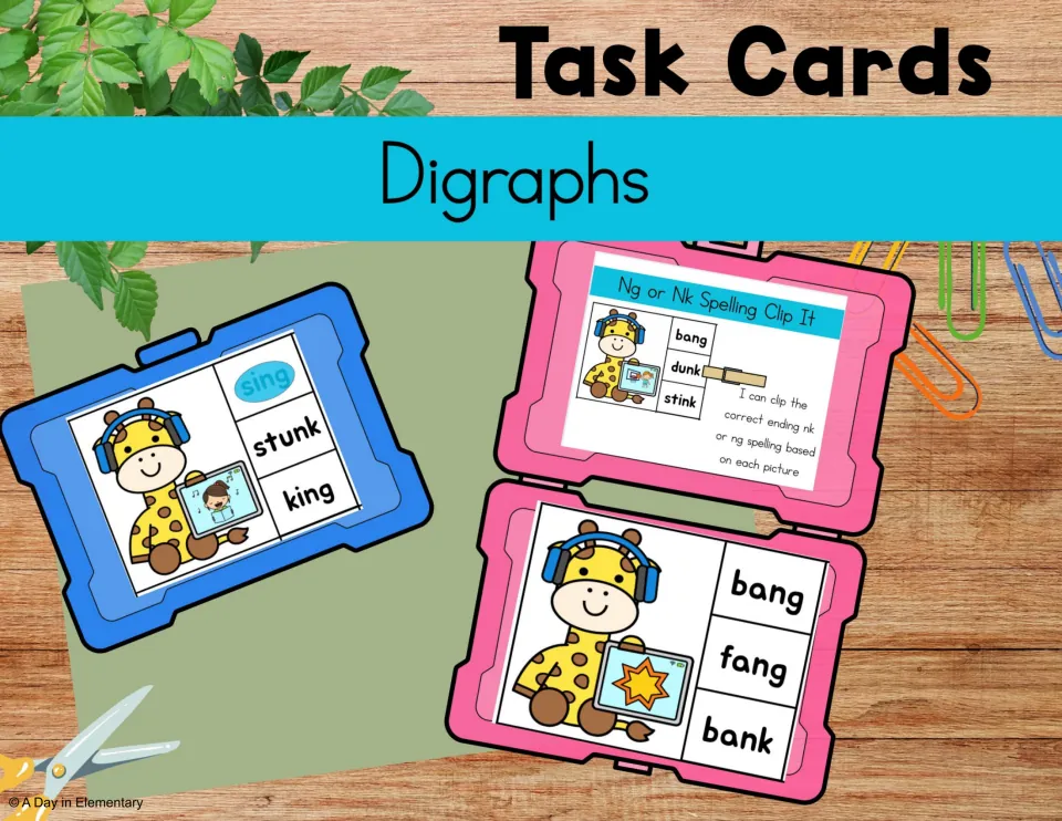 Digraphs task cards cover: giraffe clip cards where students pick the ng or nk word, such as bang, fang or bank