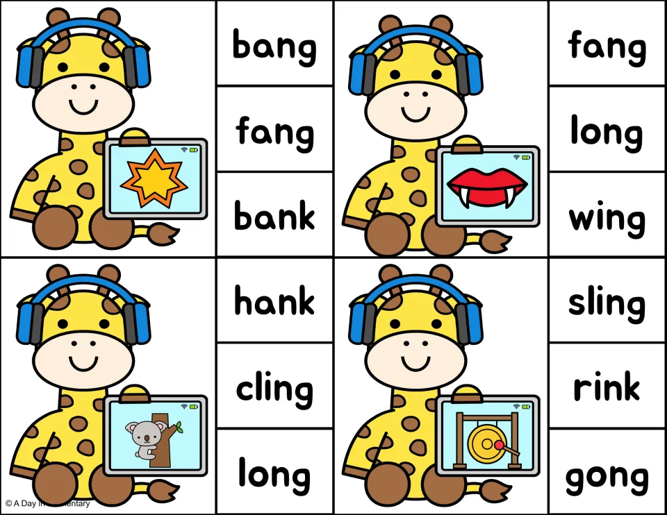 Ng and nk picture cards: students clip the word for each picture: bang for a burst, fang, cling for a koala and gong