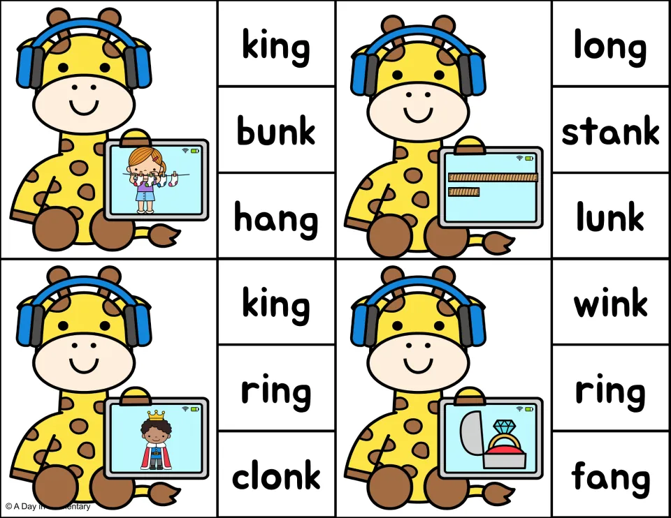 Spelling ng or nk endings: students clip hang for hung laundry, long for a plank, king for a crowned boy and ring