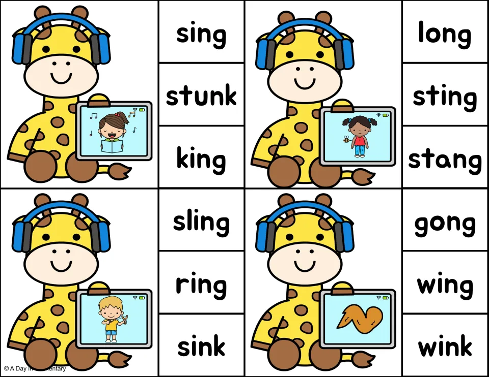 Choosing ng or nk: students clip sing for a singer, sting for a bee, sling for a slingshot and wing for a chicken wing