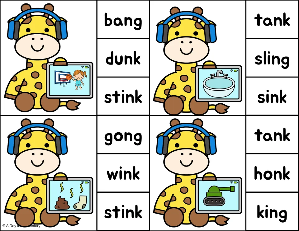 Ending sound cards: students clip dunk for a basketball shot, sink for a basin, stink for a smelly sock and tank