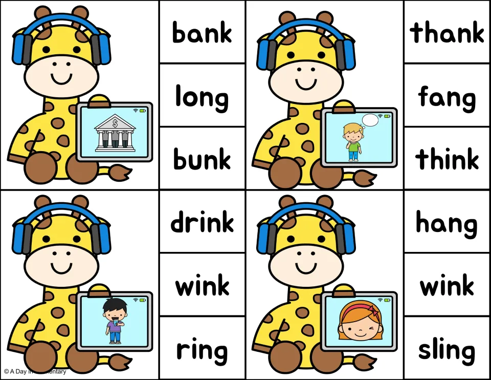 Nk word practice: students clip bank for a bank building, think for a thought bubble, drink, and wink for a winking girl