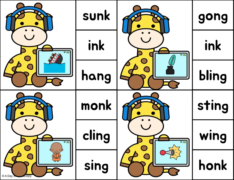 Final ng or nk cards: students clip sunk for a sinking ship, ink for an ink pot, monk for a monk and honk for a horn