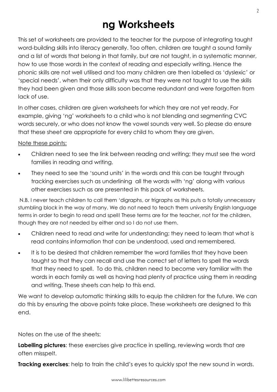 ng teacher notes: why phonic word families must be used in reading and writing, plus notes on labelling and tracking tasks