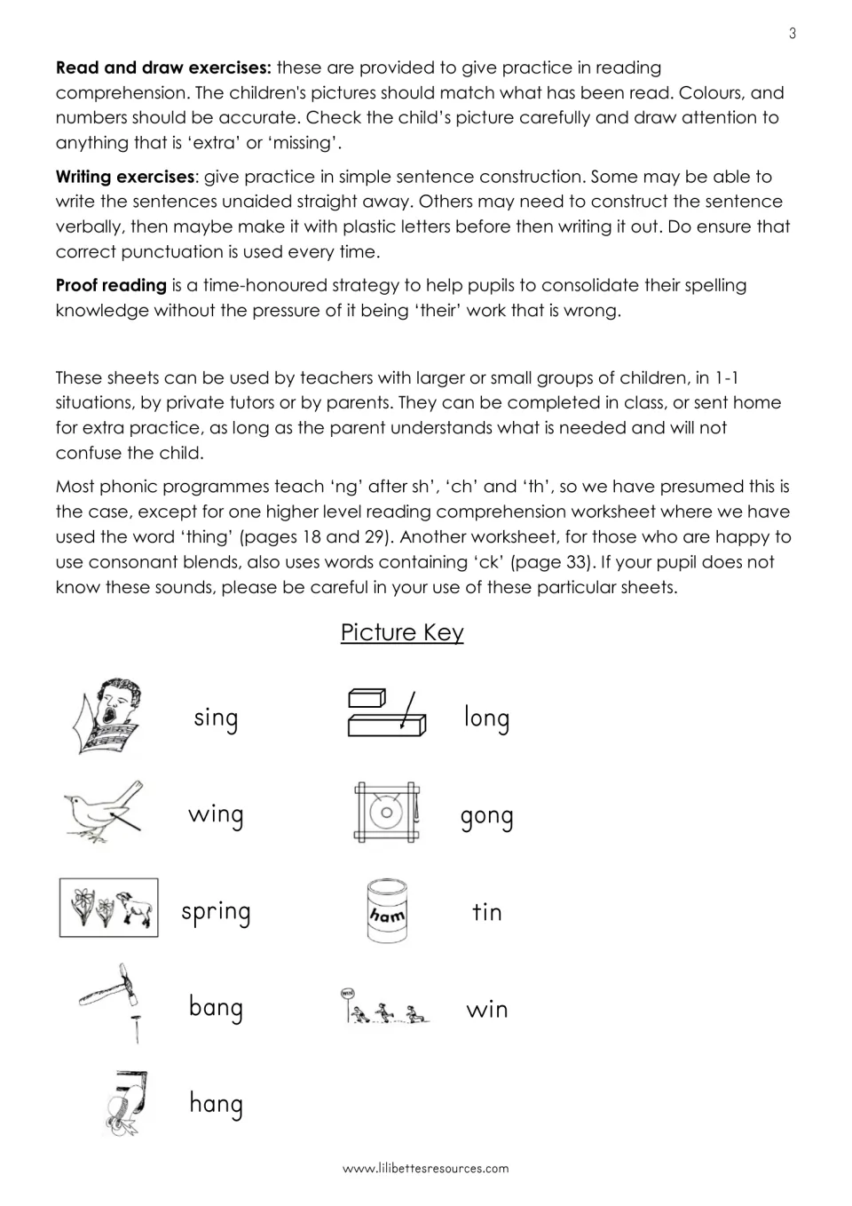 Notes on read-and-draw, writing and proofreading tasks, plus a picture key naming sing, wing, spring, bang, hang and gong