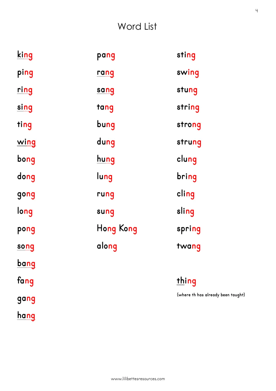 ng word list: king, bang, song, lung, string, twang and more with ng in red; thing is marked for after th is taught