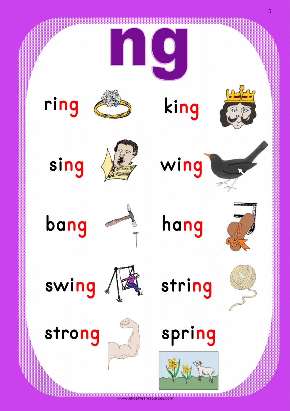 ng picture poster: ring, king, sing, wing, bang, hang, swing, string, strong and spring, each with ng in red by a picture