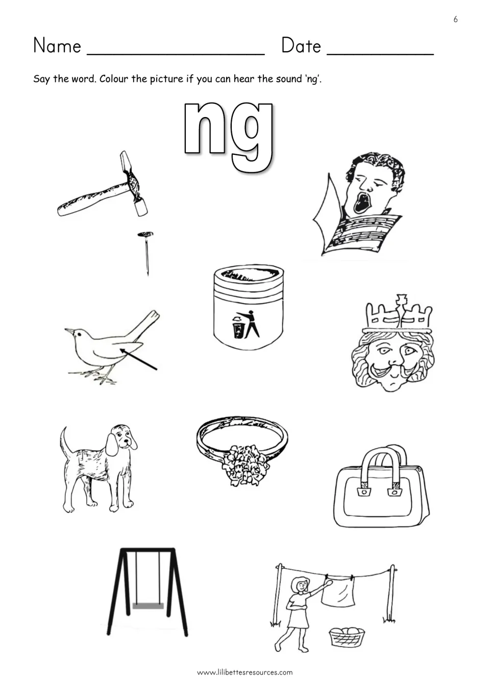 Hearing the ng sound: students say each picture's name and colour those with ng, such as king, ring and swing, not dog or bag