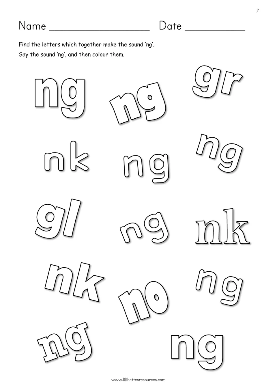 Spotting the letters ng: students find and colour each ng among look-alike pairs such as nk, gr, gl and no in outline letters