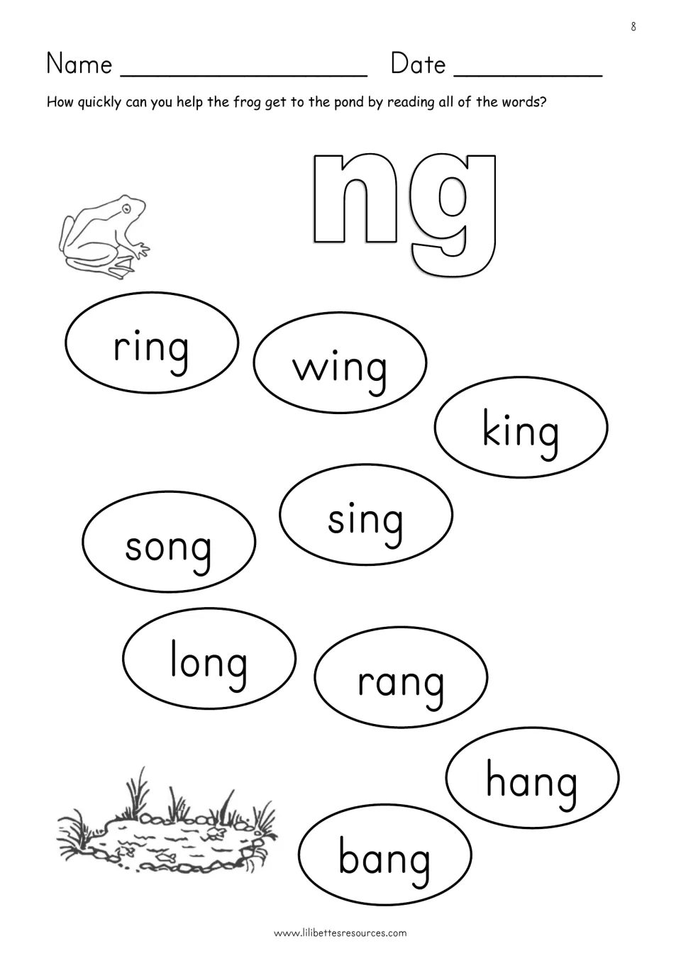 ng word reading race: students read ring, wing, king, sing, song, long, rang, hang and bang to help the frog reach the pond