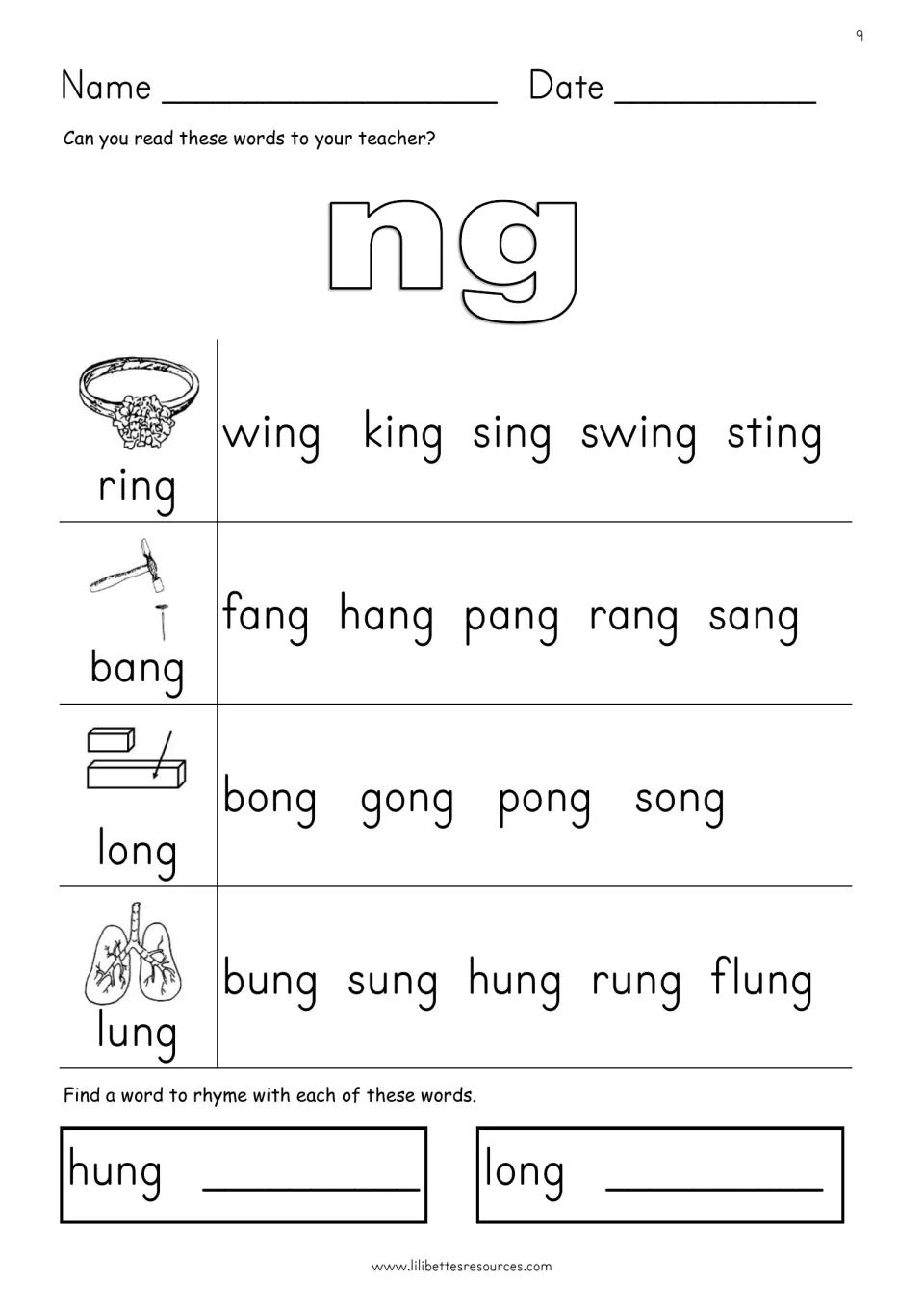 ng rhyming families: students read word lists for ring, bang, long and lung, then write a word that rhymes with hung and long