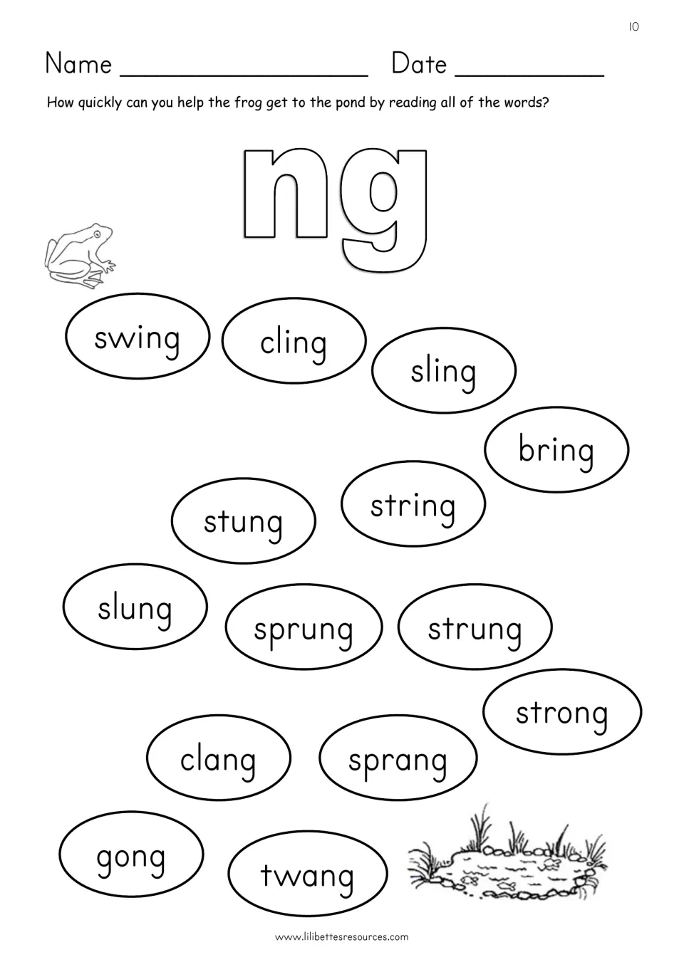 Blend plus ng reading race: students read swing, cling, bring, string, sprung, strong and twang to get the frog to the pond
