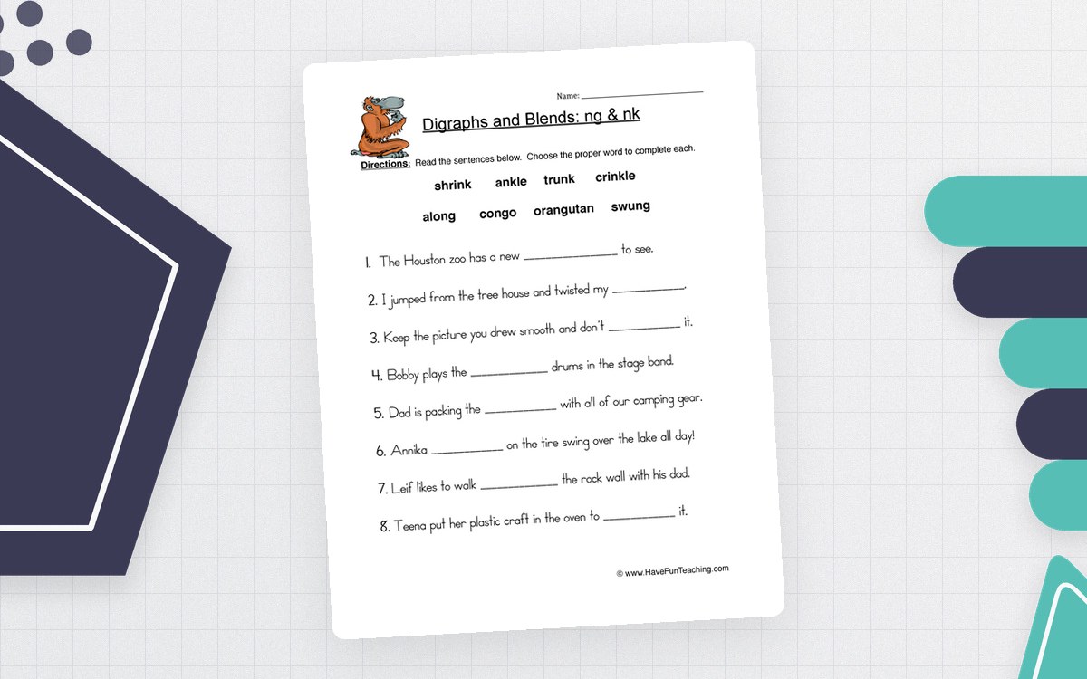 NG and NK phonics worksheet with an eight-word bank and sentence blanks for words such as shrink, ankle and trunk