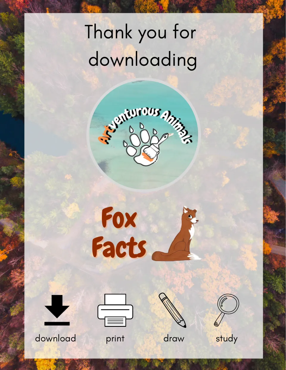 Fox Facts cover from ARTventurous Animals with a cartoon red fox and download, print, draw and study icons