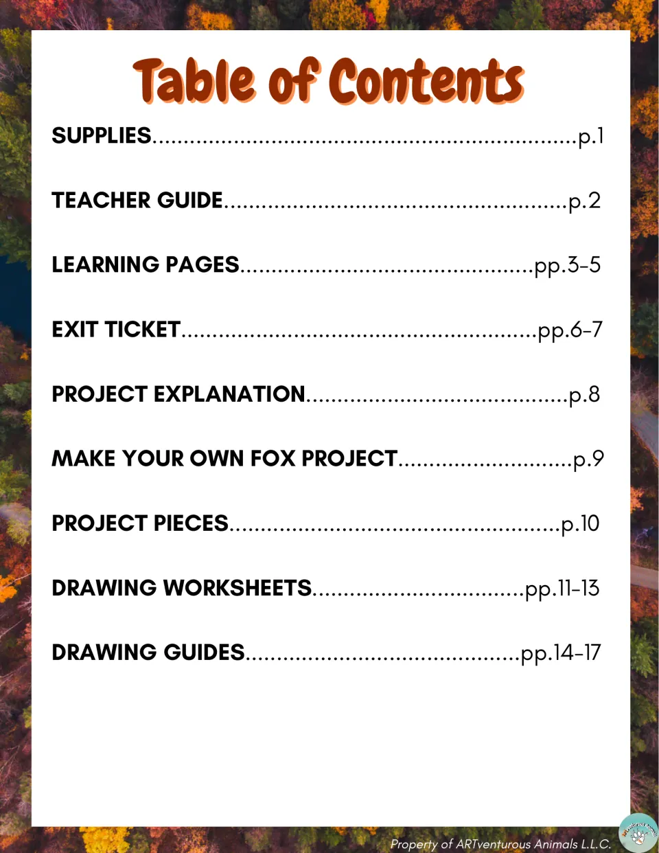 Table of contents listing supplies, teacher guide, learning pages, exit ticket, project pieces and drawing guides