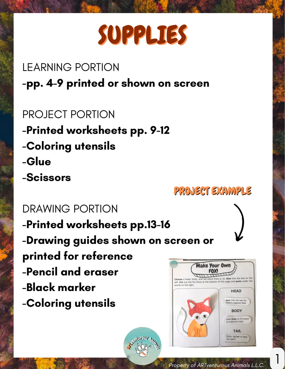 Supplies list for the learning, project and drawing portions, with a photo of a finished Make Your Own Fox sample