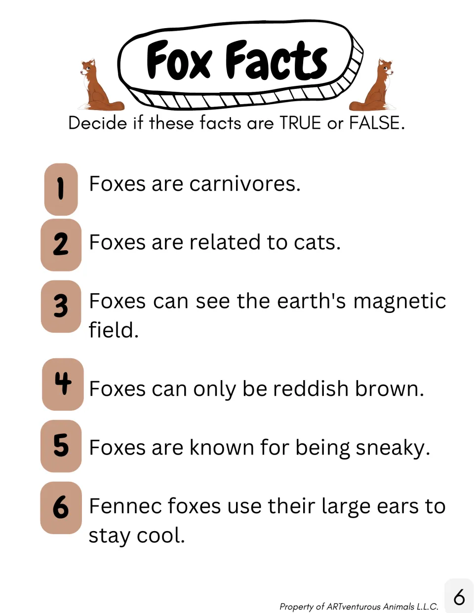 Fox Facts exit ticket: students decide if six statements about foxes, such as foxes are related to cats, are true or false