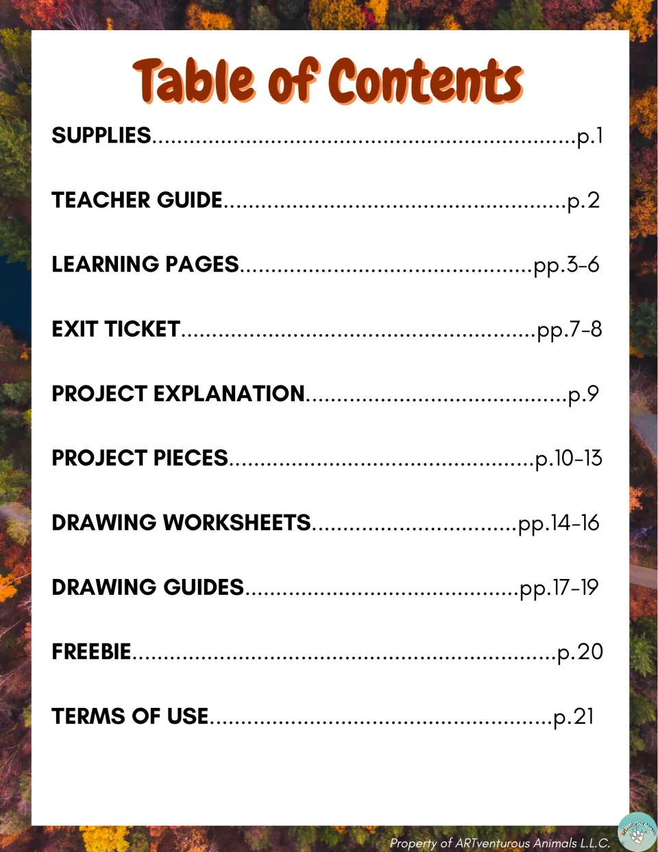 Table of contents listing supplies, teacher guide, learning pages, exit ticket, project pieces and drawing guides