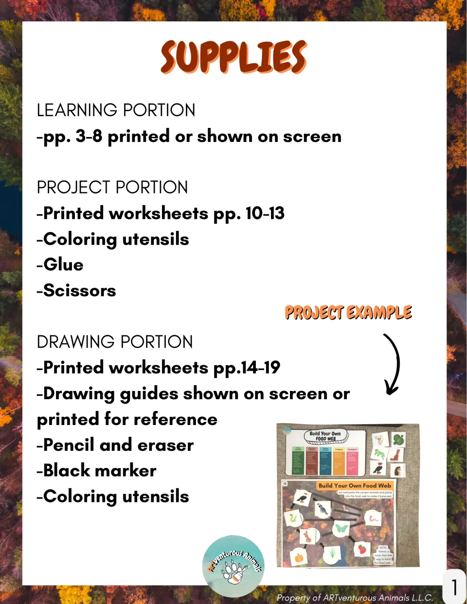 Supplies list for learning, project and drawing portions, including glue, scissors and markers, plus a project photo
