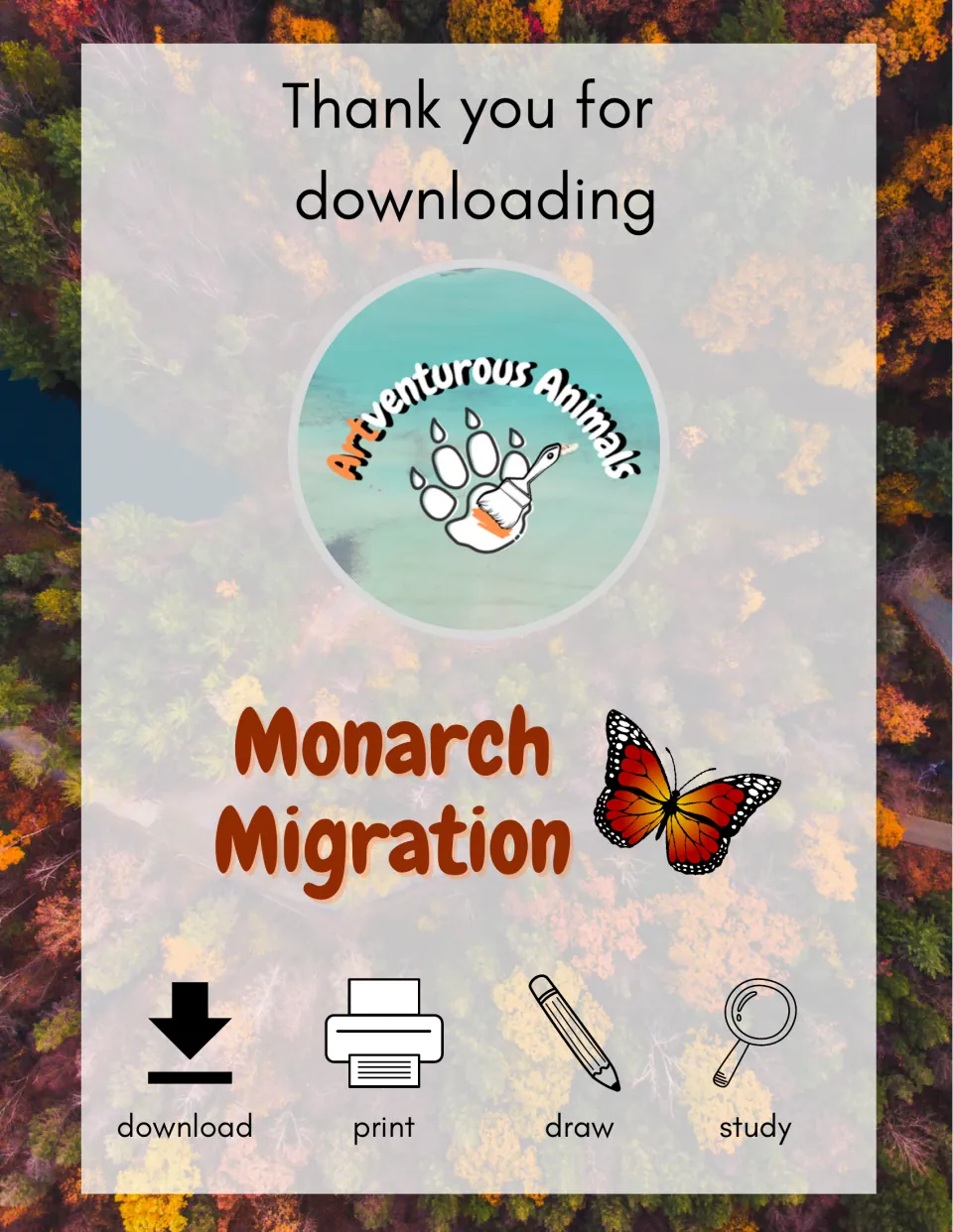 Monarch Migration packet cover thanks the reader for downloading and lists download, print, draw, and study.