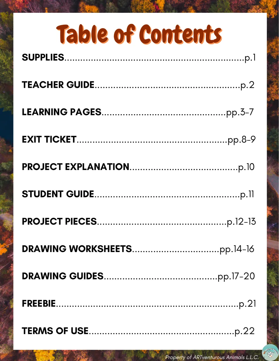 Table of contents lists supplies, learning pages, an exit ticket, mobile project materials, and drawing guides.