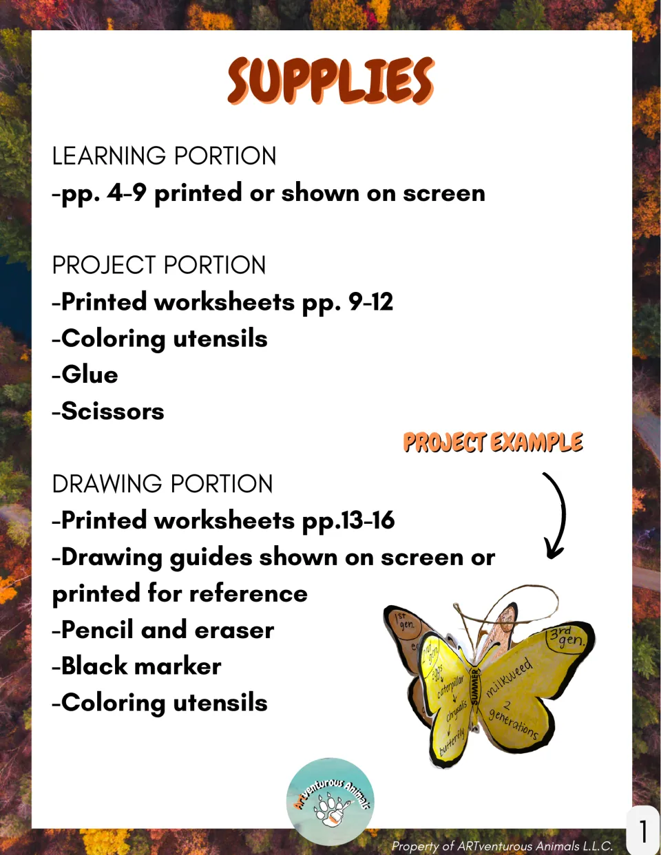 Supplies page lists printed worksheets, coloring utensils, glue, scissors, pencil, eraser, and black marker.