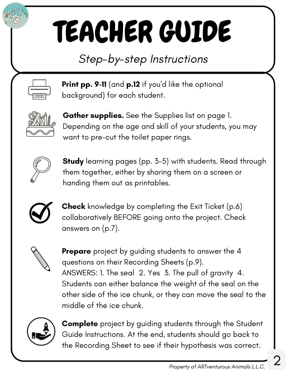 Teacher guide gives printing and study steps but includes seal, gravity, and ice-chunk project directions.