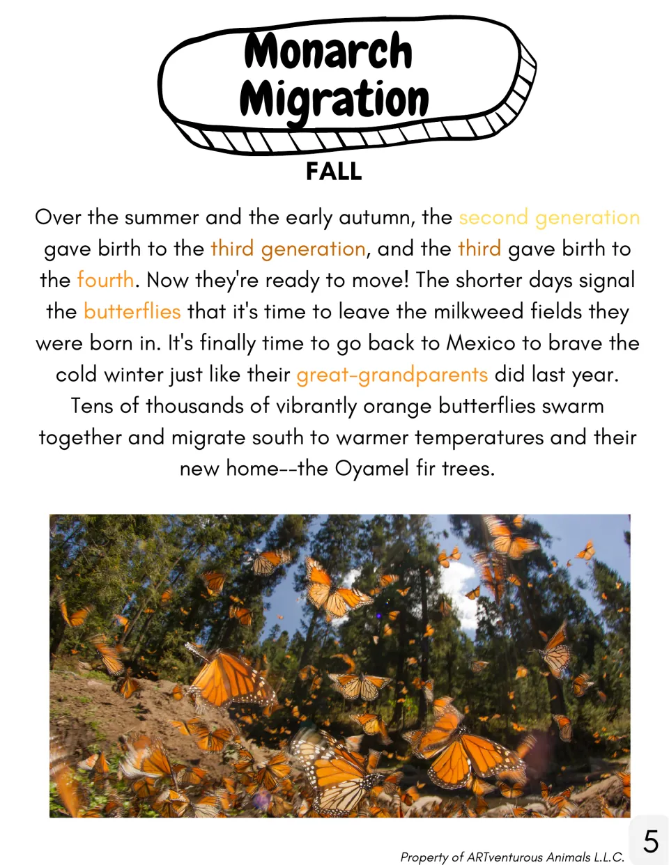 Fall reading describes later monarch generations migrating south to Mexico and sheltering in oyamel fir trees.