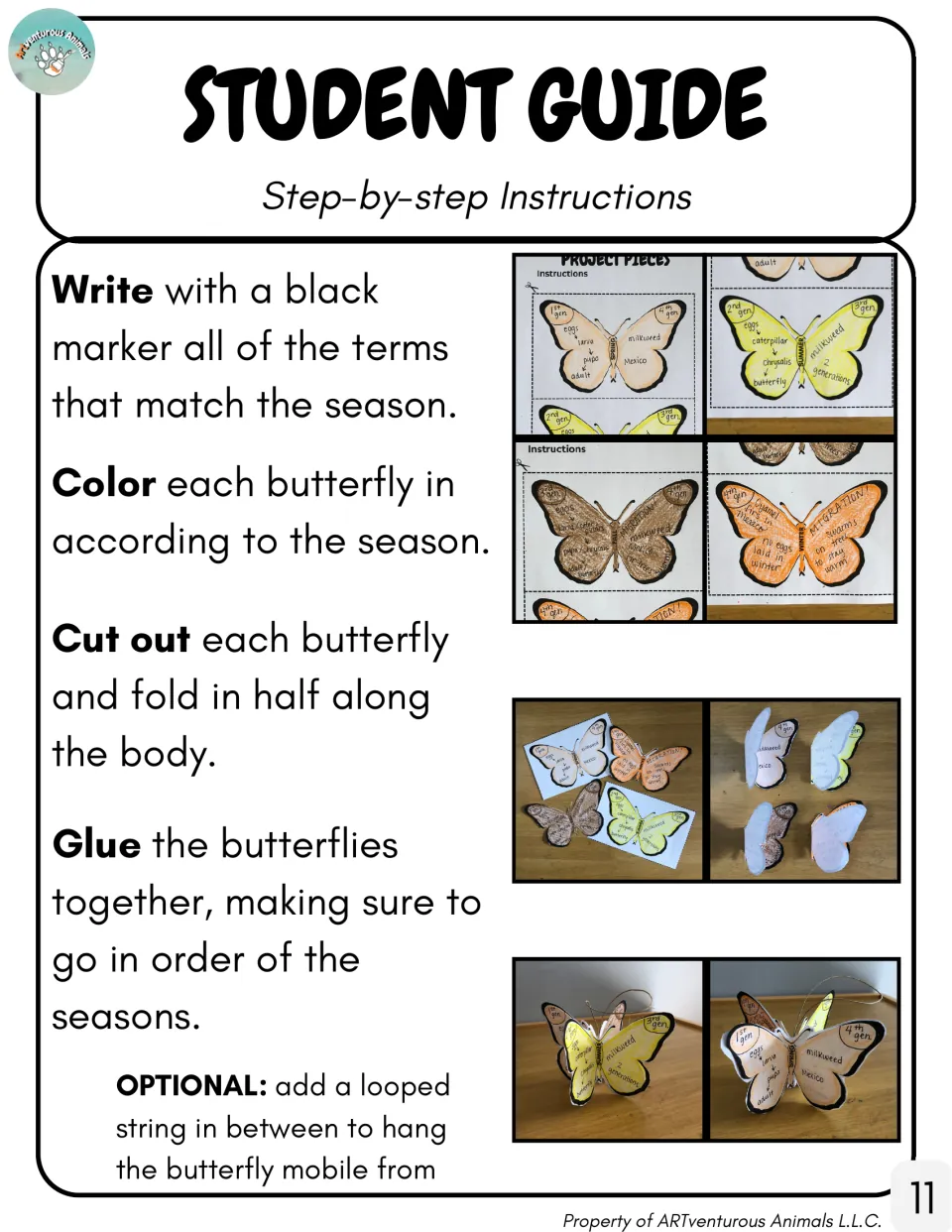 Student guide shows how to label, color, cut, fold, and glue seasonal butterflies into a mobile with optional string.