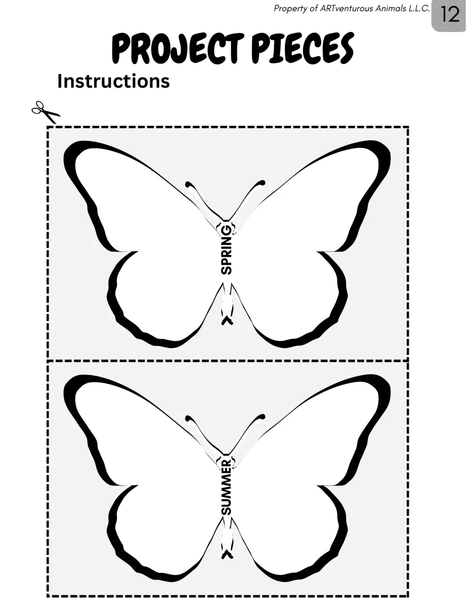 Two butterfly templates labeled SPRING and SUMMER provide wings for writing seasonal terms in the mobile project.