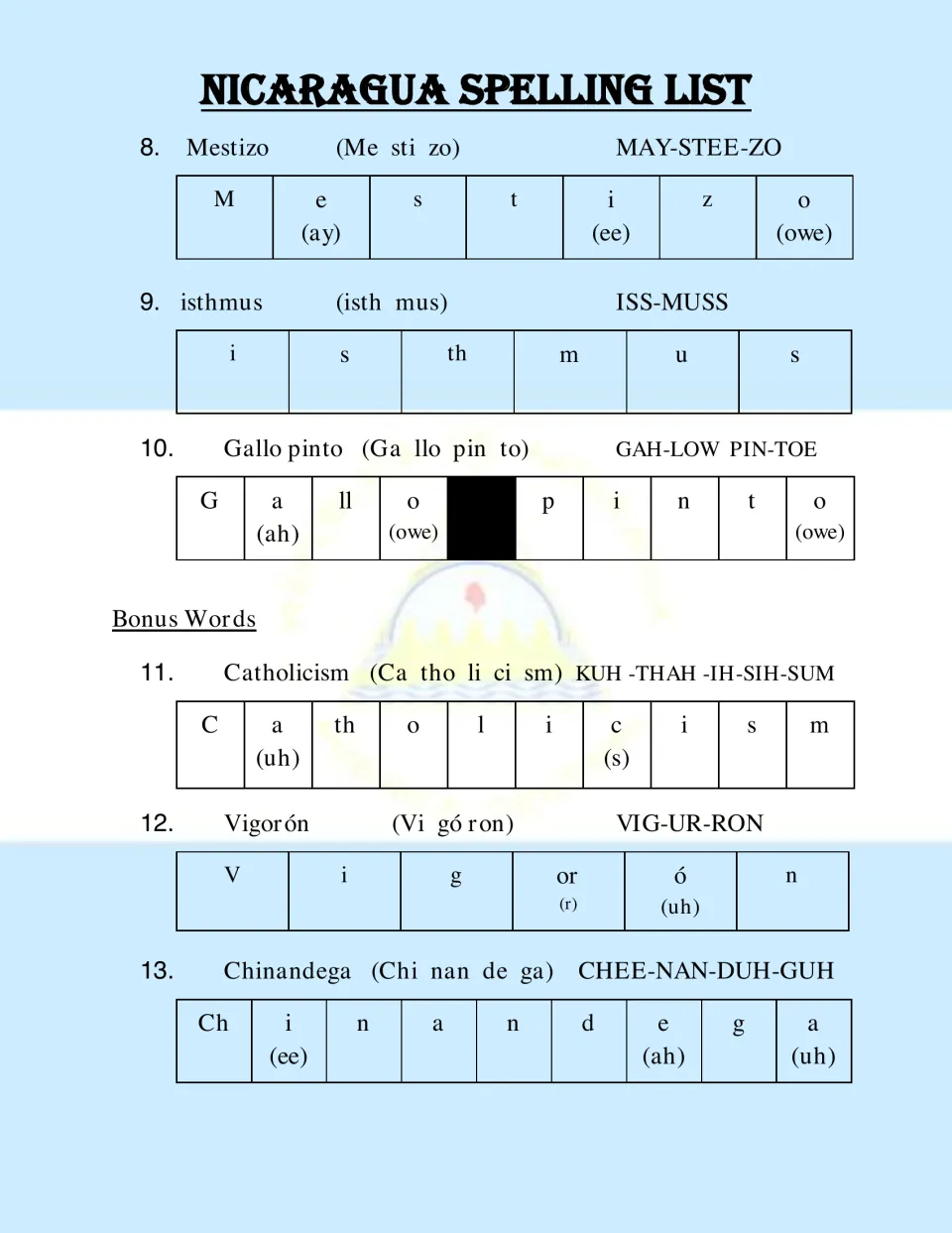 Spelling entries 8–13: Mestizo, isthmus, Gallo pinto, and three bonus words, with pronunciation