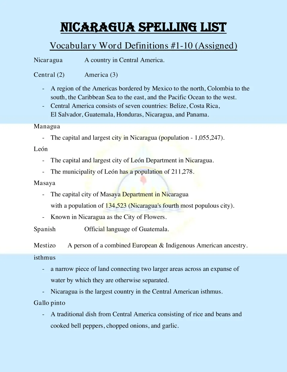 Definitions for assigned entries 1–10 cover Nicaragua, Central America, cities, Spanish, and food vocabulary