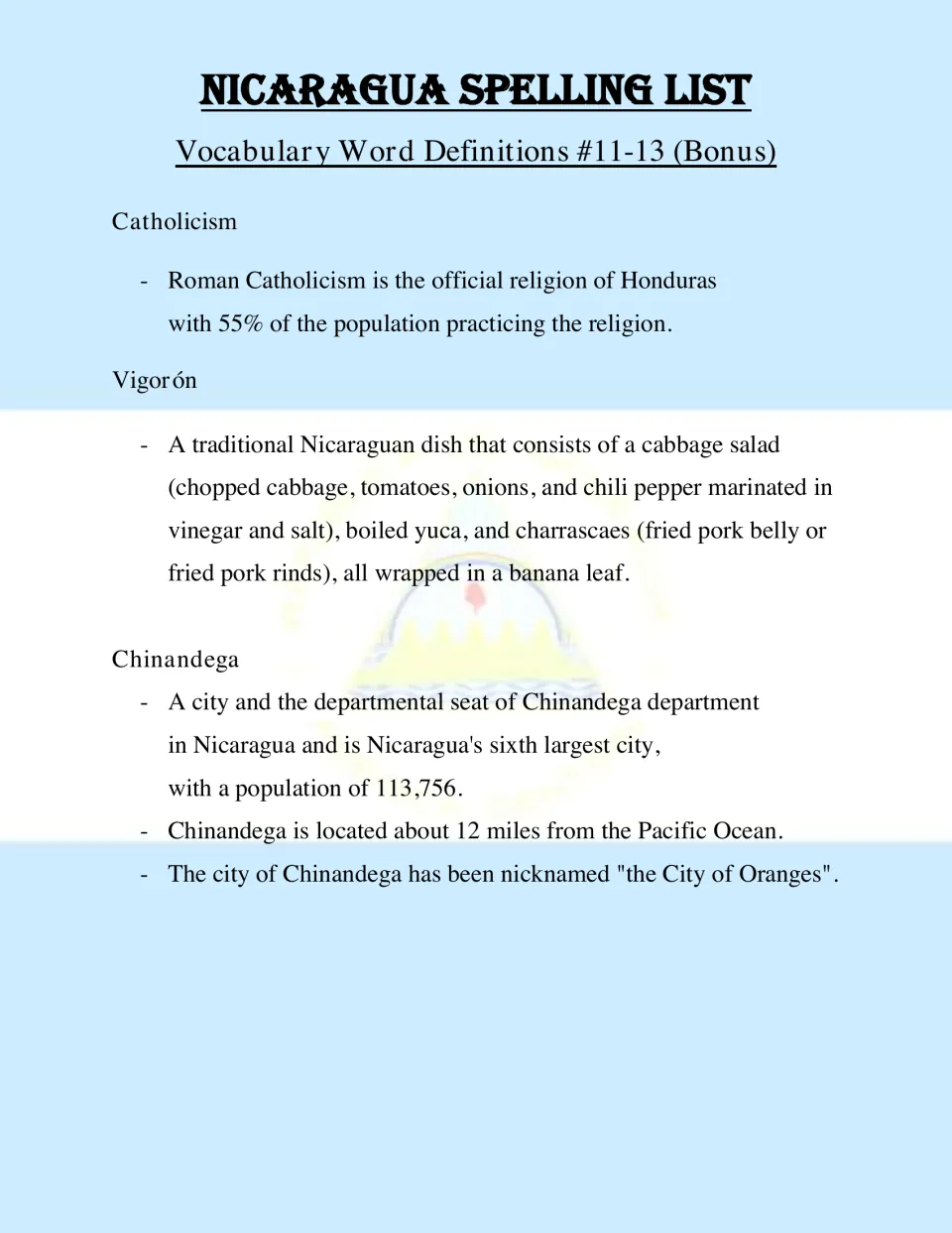 Definitions for bonus entries 11–13: Catholicism, Vigorón, a Nicaraguan dish, and Chinandega, a city