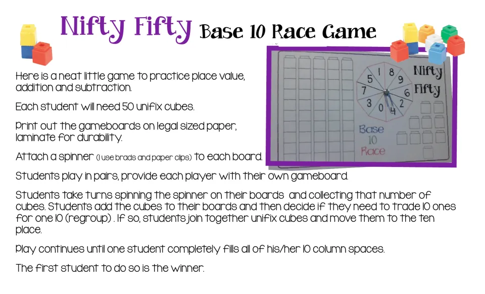 Game directions: pairs spin 0-9, collect unifix cubes and trade 10 ones for one ten to practice regrouping to 50